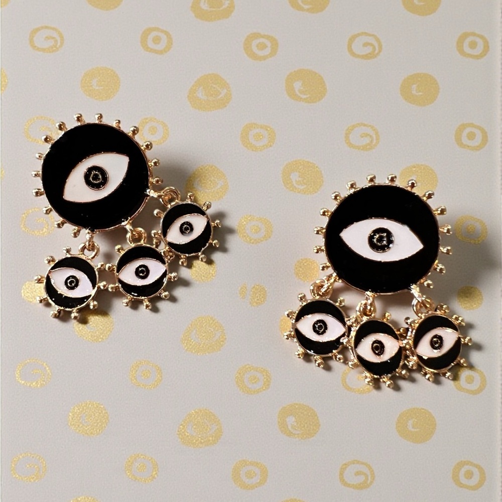 Chic Black and Gold Toned Evil Eye Dangling Earrings - Picture 15 of 17